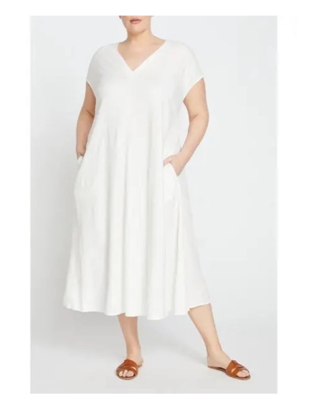 Universal Standard Louvre Bow Back Linen White V-Neck Midi Dress Sz M/18-20